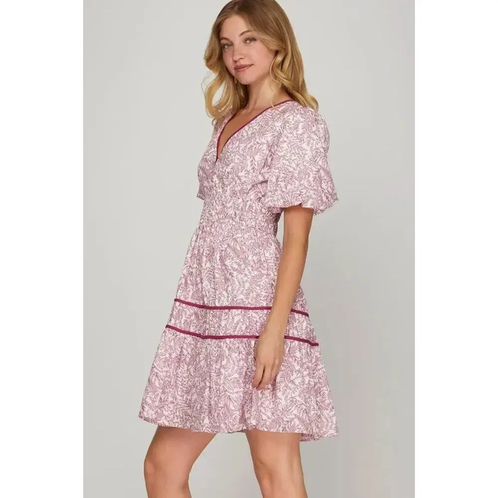 She + Sky Full Size Printed V-Neck Puff Sleeve Tiered Dress Plus Size - Picture 2 of 6